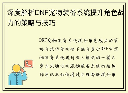 深度解析DNF宠物装备系统提升角色战力的策略与技巧